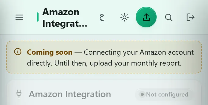 Amazon integration in the new dashboard, marked coming soon.